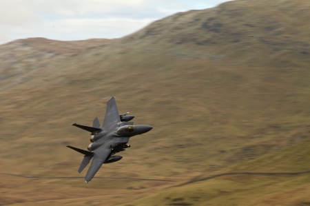United States Air Force F-15 Eagle flying the Mach Loop in North Wales LFA7 - 20160216